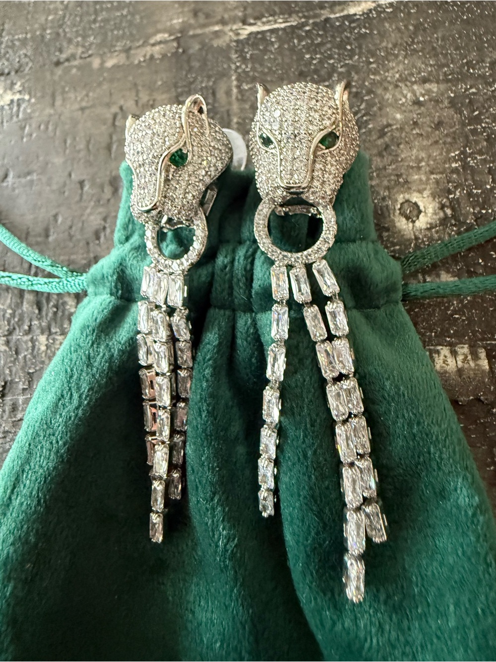 Pave Crystal Panther Drop Earrings in Silver with Green Eyes